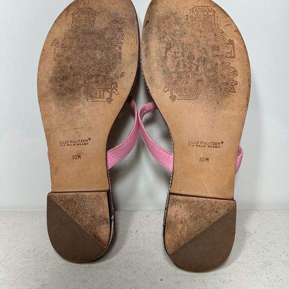 Lilly Pulitzer via Palm Beach Pink Leather Thong Sandals w/Gold Shells - Sz 10M - Picture 7 of 7